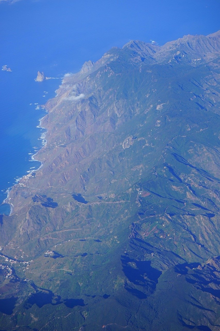 tenerife, aerial view, anaga mountains, island, canary islands, flying, coast, mountains, nature, roques de anaga, roque de tierra, roque de dentro, roque de fuera, northeast coast